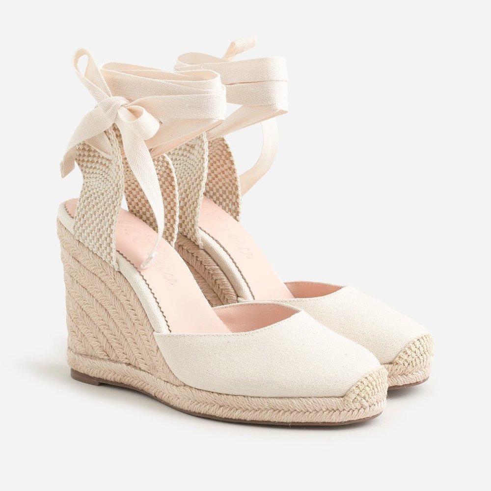 J. Crew Beige/Cream Ankle Wrap/Tie Espadrille Wedges NEW Size 10 1/2